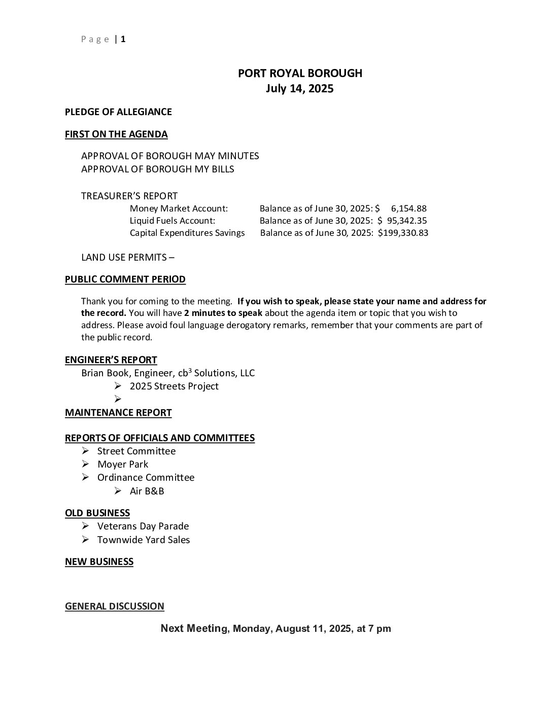 Thumbnail of the first page of 'Council Agenda – July 11th, 2025'